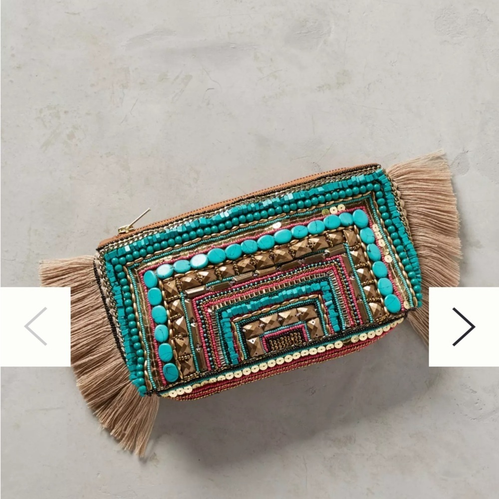 Shiraleah by Anthropologie Beaded Fringe Boho Sequins Glam Clutch- Size 10 x 6 - Picture 8 of 9